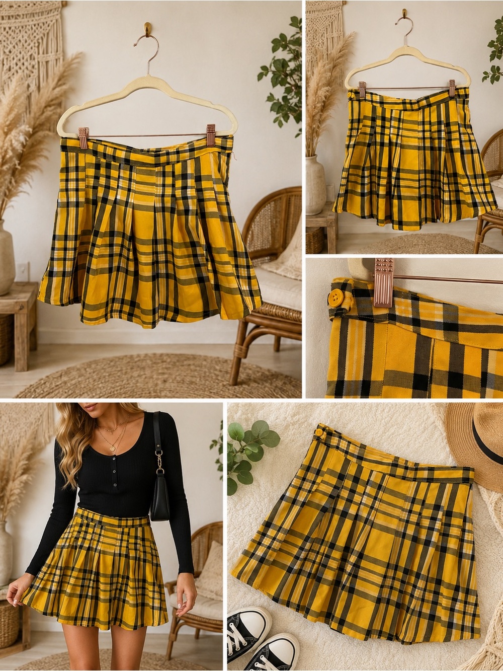Jolie & Joy Size Large Yellow Plaid Pleated Mini Skirt - School Girl